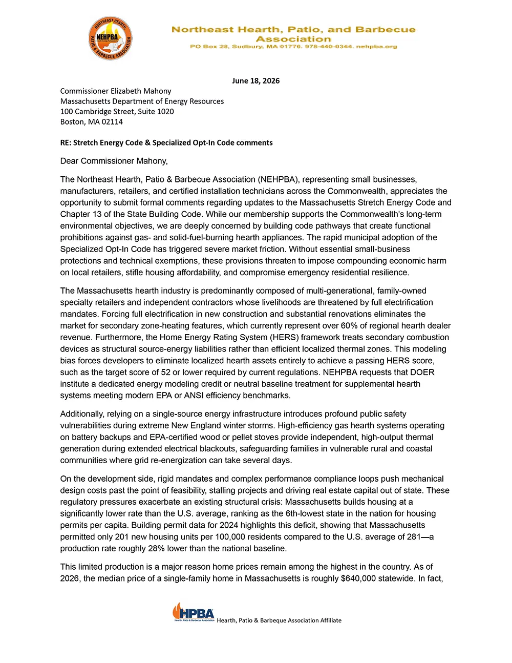 NEHPBA Submits Comments on Proposed Massachusetts Stretch & Specialized Building Code Changes NEHPBA Submits Comments on Proposed Massachusetts Stretch & Specialized Building Code Changes